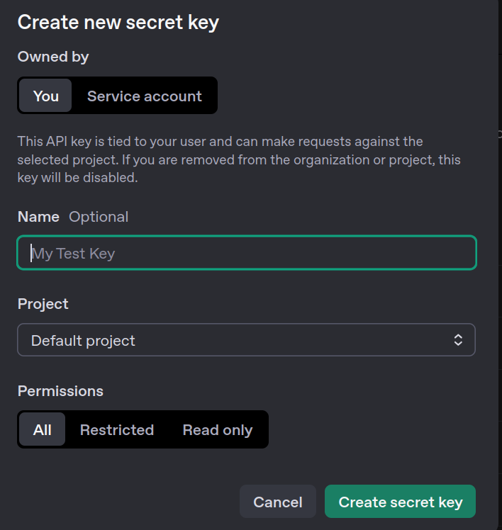 Creación de clave secreta en OpenAI